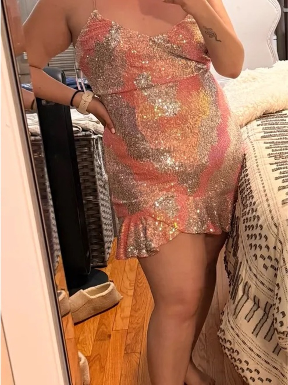 Selfie Leslie Take Note Criss-Cross Back Mini Dress Sequin Peach/Silver